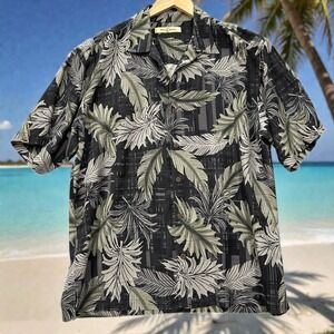 Tommy Bahama Hawaiian Aloha Shirt Mens XL Camp 100% Silk Black Grey Foliage